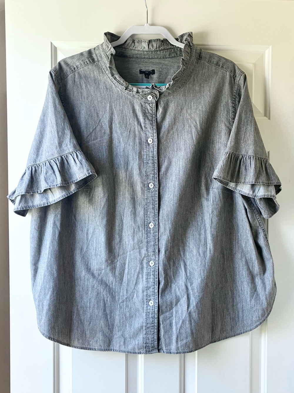 Talbots Button Front Shirt Ruffled Short Sleeve Cotton Light Gray Plus Size 2X - Picture 2 of 12